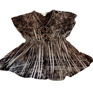 One World V-Neck Short Sleeve Top Sublimation Beaded Empire Waist Sz S #39A